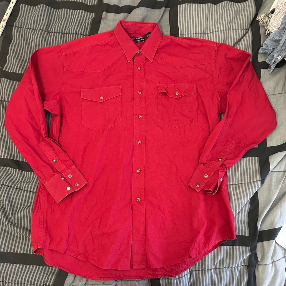 Roper Western Shirt Mens Large Red Pearl Snap Cowboy Rodeo Flap Pockets‎